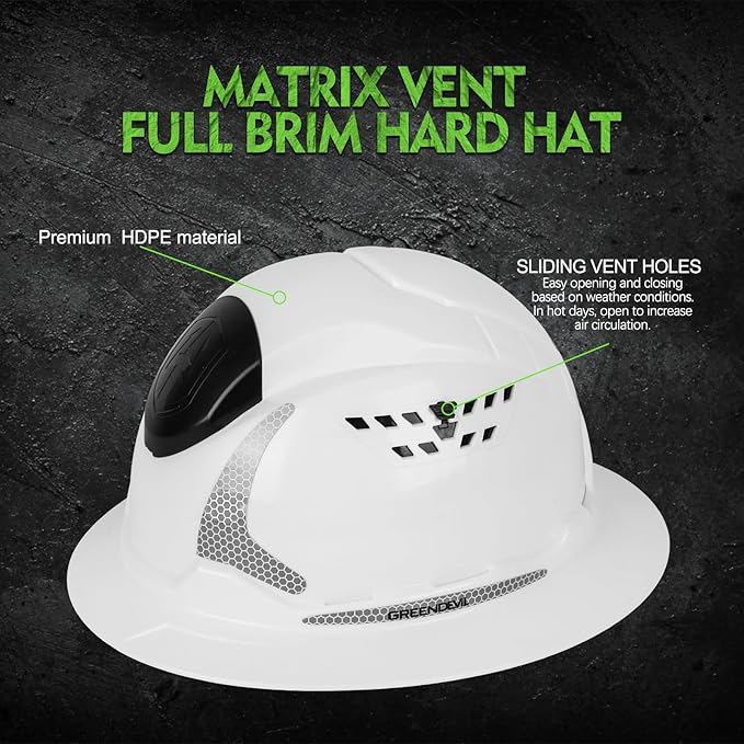 GREEN DEVIL Matrix Full Brim Hard Hat with Headlight Vented Construction Safety Helmet OSHA Approved Cascos De Construccion Work Hardhat for Men&Women