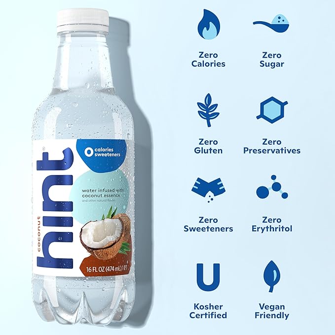 Hint Fruit-Infused Bottled Water, Coconut - Sugar Free Flavored Water with Zero Calories, Naturally Flavored, and No Artificial Sweeteners - 16 Fl Oz (Pack of 12)