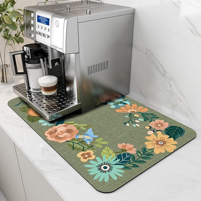 AMOAMI Coffee Mat Hide Stain Rubber Backed Absorbent Dish Drying Mat for Kitchen Counter - Fits Under Coffee Maker - Floral GREEN 12X19