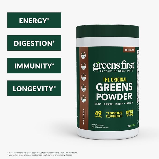 Greens First Original Greens Powder - 49 Superfoods - Organic Fruits & Veggies - Prebiotics, Probiotics, Digestive Enzymes - Antioxidant Smoothie - Dairy Free, Vegan, Non-GMO (Chocolate, 60 Servings)
