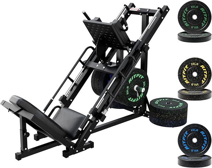 RitFit Adjustable Leg Press and Hack Squat Machine with Weight Plate Set, Professional Home Gym Equipment with Linear Bearings, Specialized for Complete Lower Body Workouts and Weight Storage Posts
