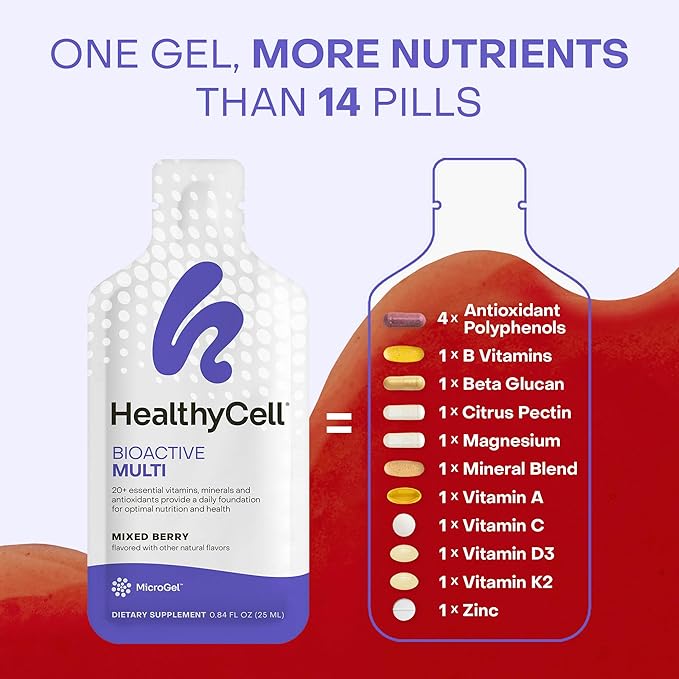 Healthycell Bioactive Daily Liquid Multivitamin for Men & Women – 20+ Essential Vitamins, Minerals & Antioxidants for Brain, Heart, Immunity, Energy, Skin & Hair Support - 30 Gel Packs