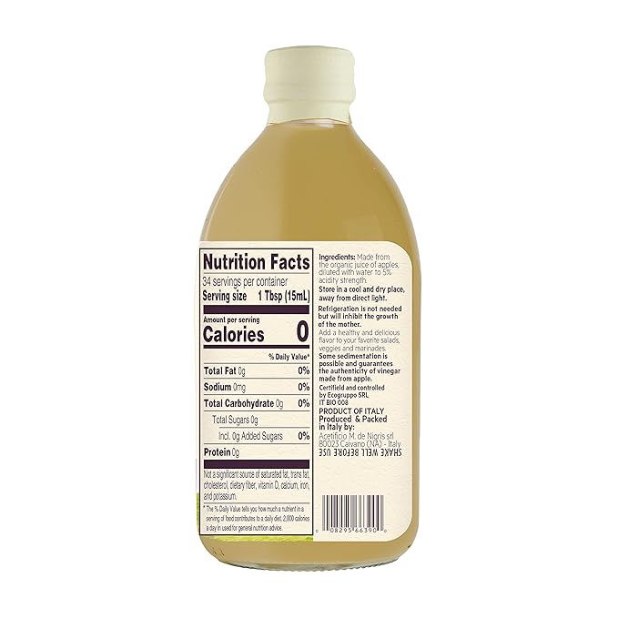 De Nigris Organic Apple Cider Vinegar Raw & Unfiltered 16,9 Oz (500ml) | Apple Cider Vinegar With Mother A Source Of Functional Elements For The Balance Of Metabolism | Apple Cider Vinegar Organic