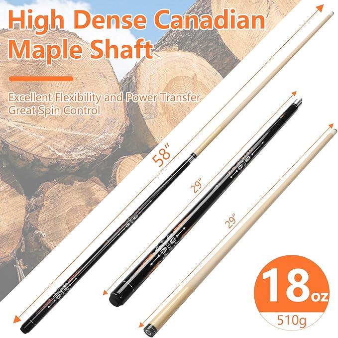 Pool Cue, 58" Billiard Cue Stick 2-Piece 13mm Maple Wood Pool Cue Stick 18 19 20 21oz for Bar House Pool Table Sports