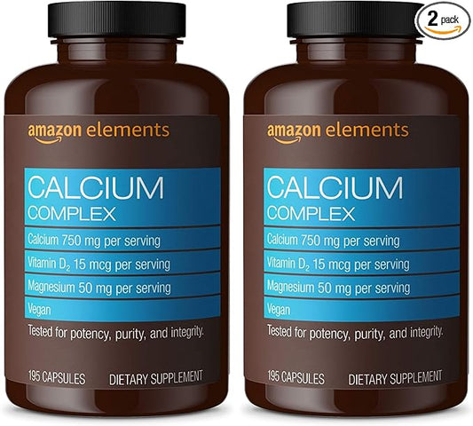 Amazon Elements Calcium Complex with Vitamin D, 250 mg Calcium (3 per Serving), Vegan, 195 Capsules (Packaging May Vary), Supports Strong Bones and Immune Health (Pack of 2)
