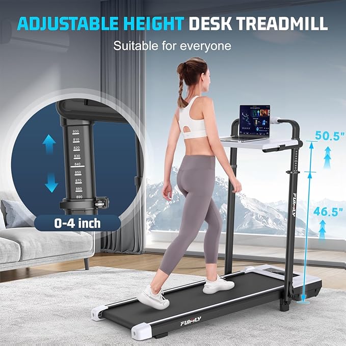 Walking Pad Treadmill with Desk Workstation, 10% Incline Foldable Treadmill with Handrail, 300lbs Capacity, 3 Control Methods, 8 in 1 Folding Treadmills for Home Office