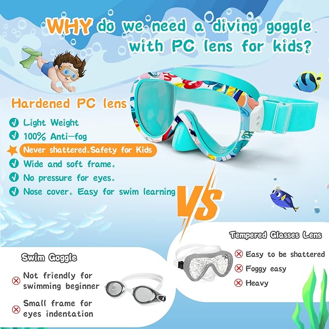 Kids Swim Goggles with Nose Cover, 180° Panoramic Snorkel Mask with Anti-Fog & Anti-Leak Design, Comfort Fabric Strap UV Protection Lens for Boys Girls Ages 3-15