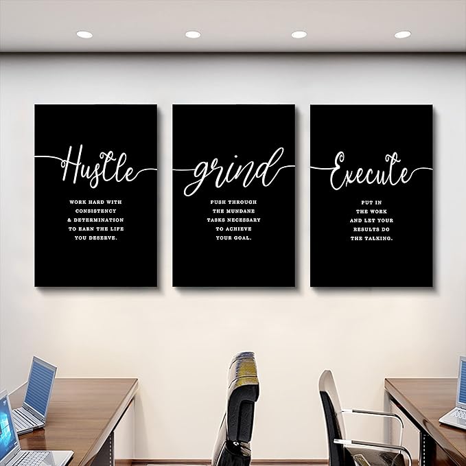Hustle Quotes Execute Prints, Framed Canvas Wall Art Success Quote, Office Wall Art, Black Large Poster, Positive Motivational Set of 3 Prints, Boss Gift (F-3pcs,20x30inchx3pcs)