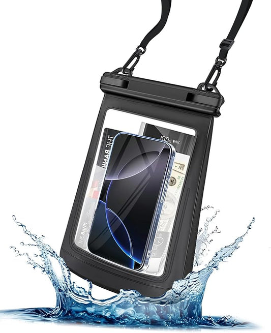 Large Waterproof Phone Pouch - [Oversized] [Floating] Water Proof Pouch for iPhone Galaxy Google and More, IPX8 Waterproof Dry Bag for Beach Vacation Belongings Clear Black