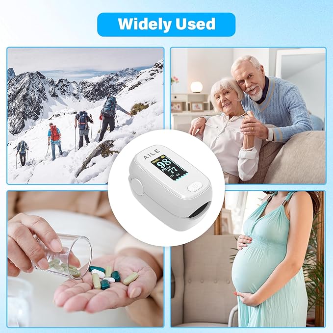 Pulse Oximeter with Fingertip Oxygen Meter : AILE Compact Fingertip Pulse Oximeter - Blood Oxygen/Heart Rate Monitor - 4 Color Screen Display - Including 2AAA Batteries for Athletic & Home (White)