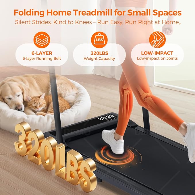 Portable Compact Treadmill with Handles for Home Small Spaces, Foldable Folding Walking Pad Treadmill with Handle Bar, 3.0HP Electric Walking Pads Treadmills Home with 320LB Capacity, LED Display