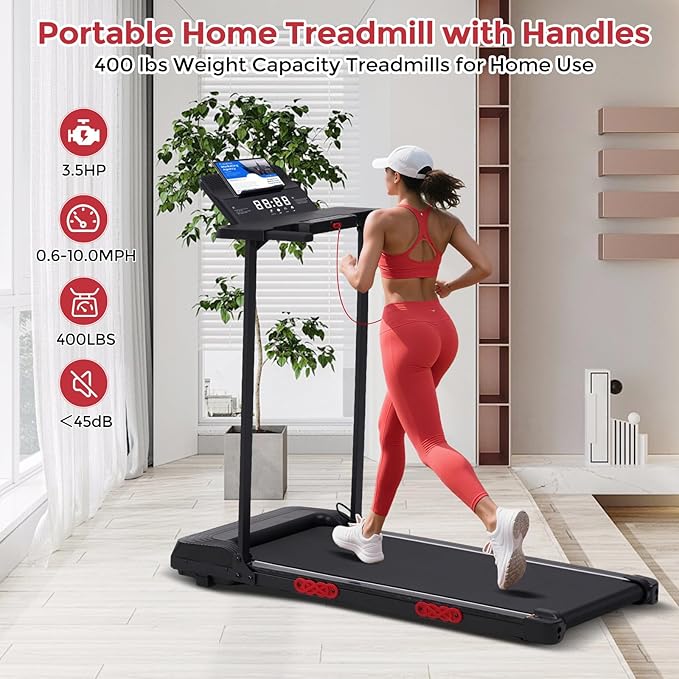 Compact Walking Pad with Handle Bar, 3.5HP Electric Portable Walking Pad Treadmills with Handles for Home Small Spaces, 0.6-10MPH Home Small Treadmill with Big Screen for Office Apartment, 400LBS