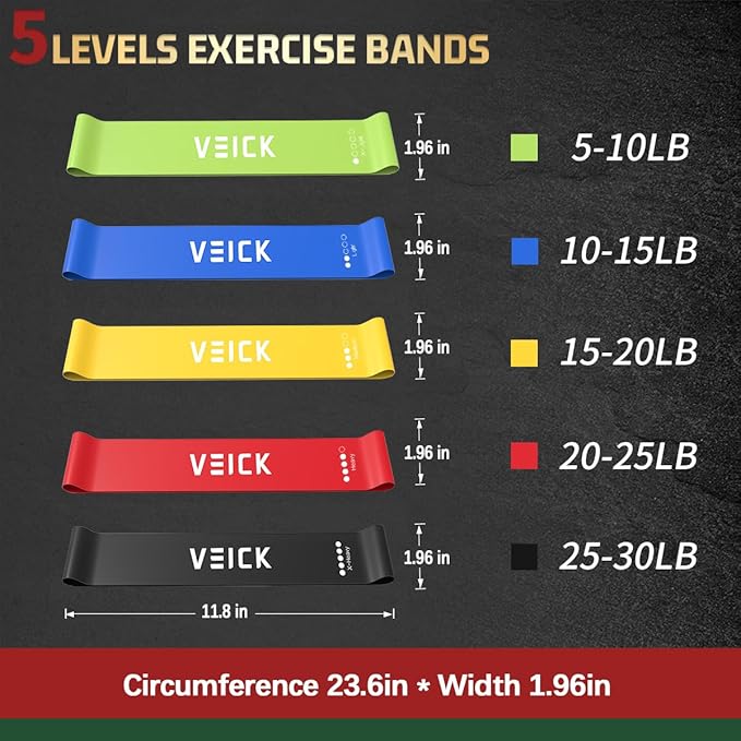VEICK Resistance Loop Exercise Bands, Elastic Workout Bands for Men Women, Set of 5 Different Resistance Levels Stretch Band for Home Fitness Stretching Strength Training Physical Therap