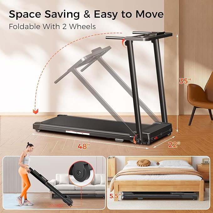 Treadmill with Handles, Portable Small Treadmills for Home and Office, 3.0HP Folding Walking Pad with 300 lbs Capacity, Cup Holder, LED Display and 12 Preset Programs