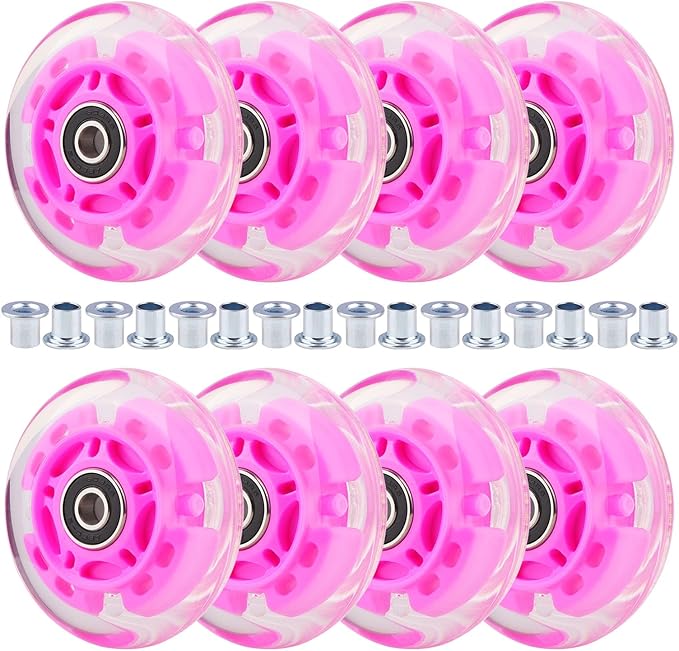 8pcs Inline Skate Wheels Led Light-Up Wheels 64/70/72/76/80mm w/Bushings 85-88A for Kids and Youth Beginners Children's Inline Skates Indoor/Outdoor Use (Pink, 76mm)