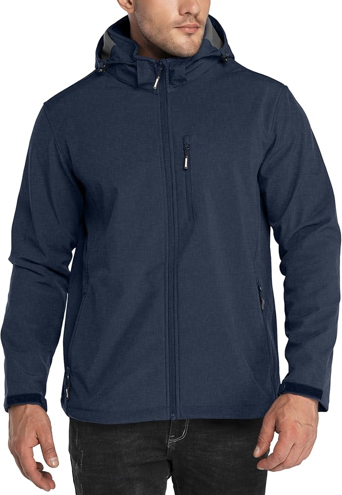 Outdoor Ventures Men's Lightweight Softshell Jacket Fleece Lined Hooded Water Resistant Winter Hiking Windbreaker Jackets