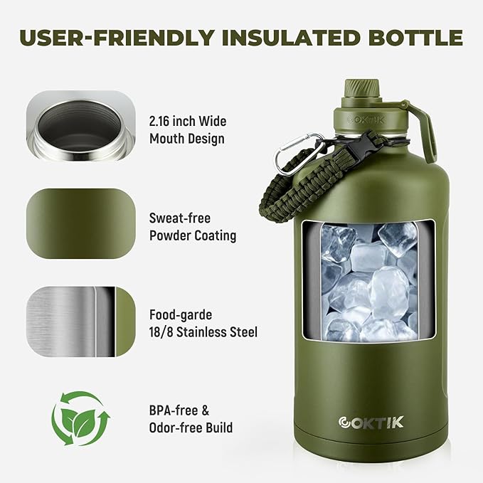 2 Pack 128 oz Insulated Water Bottle, Triple Wall Stainless Steel Flask, Keeps Drinks Cold for 48 Hrs Leak-Proof & BPA-Free Half Gallon Jug with Paracord Handle, Straw & Spout Lids(2 pack, Army Green)