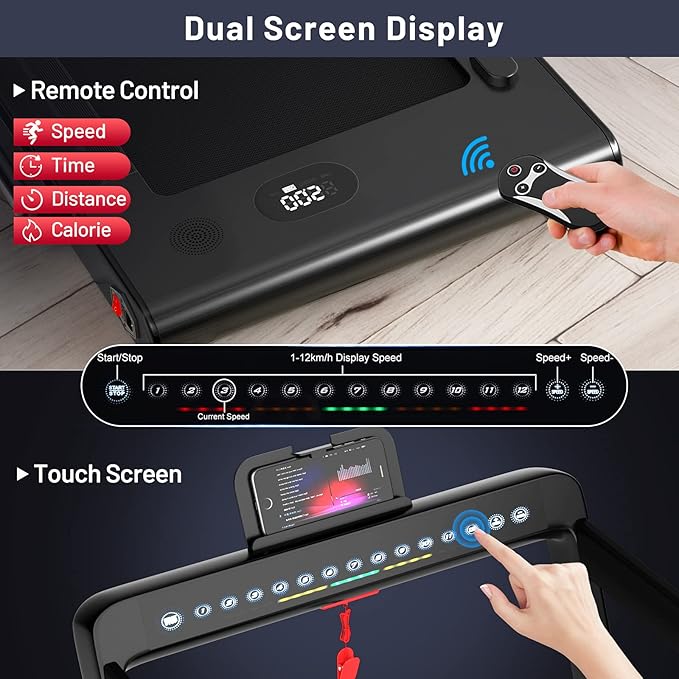 GYMAX Walking Pad, Dual LED Display 2 in 1 Under Desk Treadmill for Home with Remote & Smart App Control, 2.25HP Foldable Portable Treadmill Running Machine for Office Small Space
