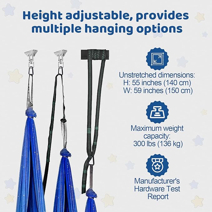 Double Layer Sensory Swing for Kids & Adults Holds up to 300lbs Indoor and Outdoor Therapy Cuddle Swing with 360° Swivel Hanger Kit Adjustable with Aspergers Autism ADHD (Star Blue)