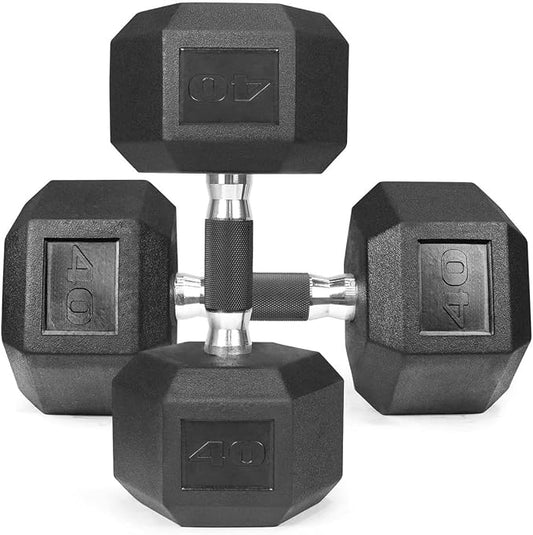 WF Athletic Supply Rubber Encased Hex Dumbbells with Rubber Grip Contoured Handle for Muscle Toning, Strength Building & Full Body Workout