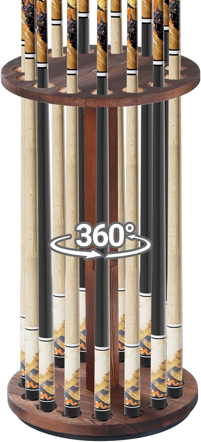 360 Degree Rotating Pool Cue Stick Holder - Floor Stand Pool Cue Rack for Up to 15 Sticks, Billiard Cue Rack, Natural Wood Billiard Room Equipment Storage Organizer, Gifts for Men