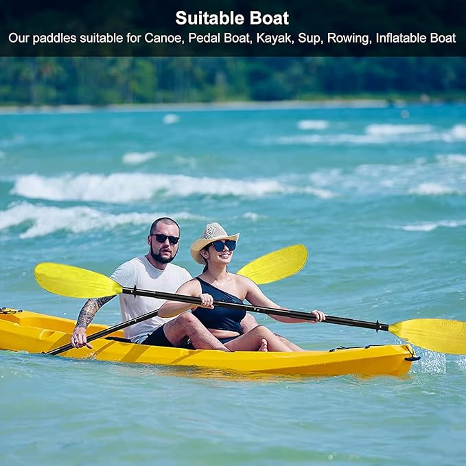 ISURE MARINE 2Pcs Kayak Paddle 85in Kayaking Boating Canoeing Oar Aluminum Shaft Yellow Plastic Blades Adjustable Rowing Paddle with Bungee Paddle Leash for Light Kayaks