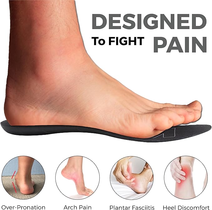 Ultra-Thin Plantar Fasciitis Insoles Designed for Comfort & Maximum Pain Relief, Ideal for Dress Shoes & Boots | Black (Men's 6-6.5, Women's 7.5-8)