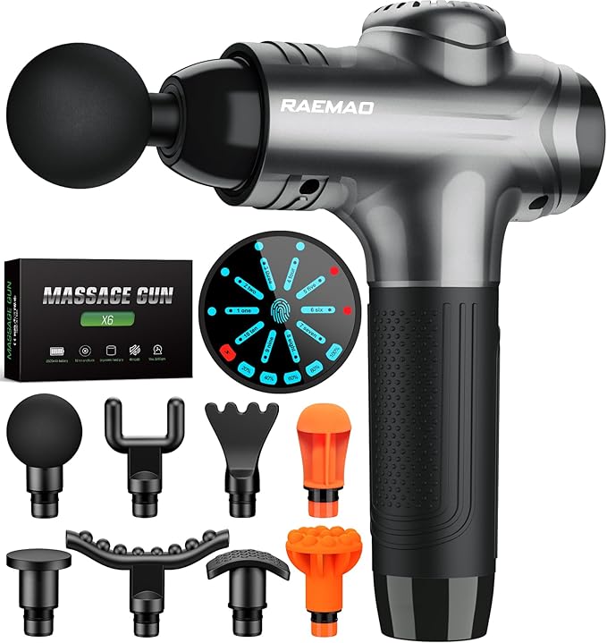 RAEMAO Massage Gun, Handheld Electric Deep Tissue Muscle Massager for Athletes for Pain Relief Attaching 8 Replacement Heads, Percussion Massager with 10 Speeds, Father's Day Gifts, Grey