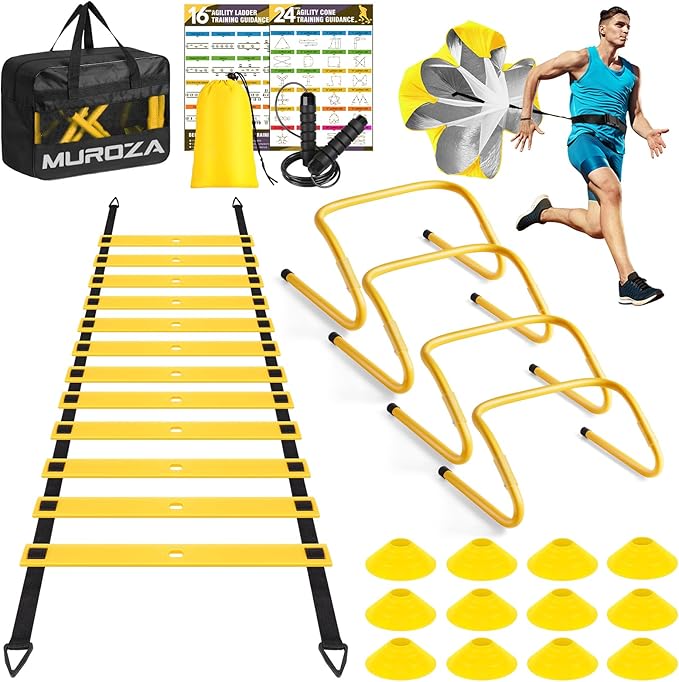 Agility Ladder, Speed Training Equipment Set, 20ft Agility Ladder, 12 Soccer Cones, 4 Hurdles, Jump Rope, Running Parachute, Basketball Football Soccer Training Equipment for Kids, Youth, Adults