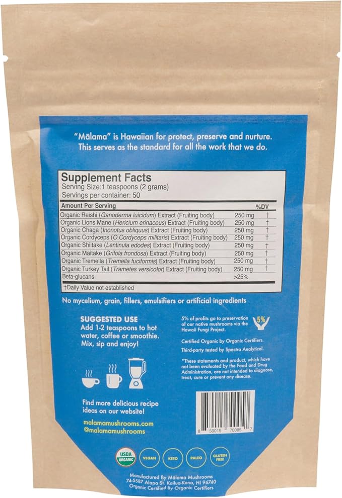 8-Mushroom Extract Powder by Malama, Organic Body Mushroom Blend Featuring Lion's Mane, Reishi, Cordyceps, Chaga, Turkey Tail, Superfood Adaptogenic