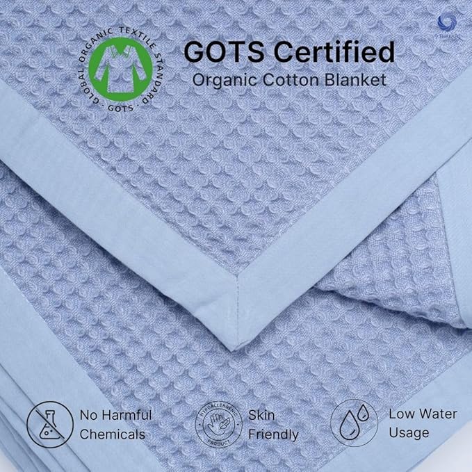GOTS Certified Organic Cotton Waffle Weave Cozy Throw Blanket for Twin Bed & Couch - 66"X90", Modern Home Decor - Powder Blue