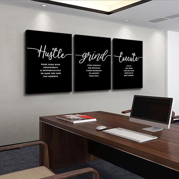 Hustle Quotes Execute Prints, Framed Canvas Wall Art Success Quote, Office Wall Art, Black Large Poster, Positive Motivational Set of 3 Prints, Boss Gift (F-3pcs,20x30inchx3pcs)