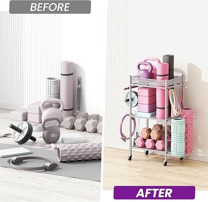 Yoga Mat Storage Rack, Home Gym Storage Rack, VOPEAK Workout Storage for Yoga Mat, Foam Roller, Equipment Gym Storage for Home Exercise and Fitness Gear (Metal)