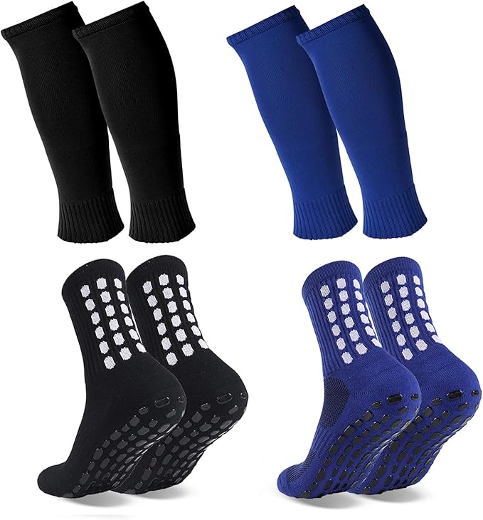 2 Set Grip Soccer Socks with Shin Guard Sleeves Non Slip Soccer Leg Sleeve Socks for Men Women