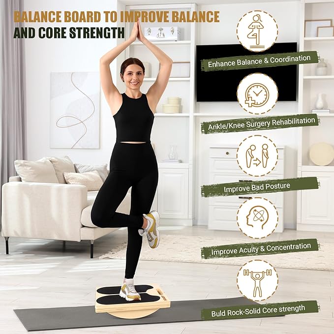 2-in-1 Wooden Slant Board & Balance Board, Portable 6 Angle Adjustable Calf Stretch Board with Training Poster, 300lb Weight Capacity Calf Ankle Stretcher for Physical Therapy, Squat & Core Strength