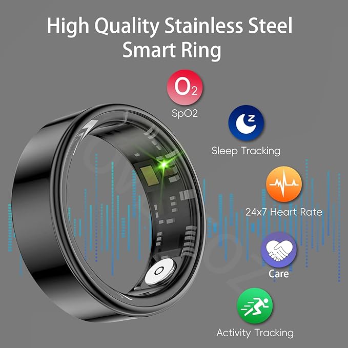 Smart Ring Health Tracker, Fitness Sleep and Heart Rate Monitor Smart Ring, Waterproof Bluetooth Fitness Tracker Ring IPX68 Waterproof (Black, 7)