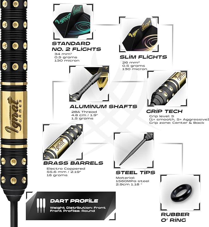 IgnatGames Premium Steel Tip Darts – 3/6/12 Pack Brass Barrels with Aluminum Shafts, 16 GlideXPro Flight Set, Tool Kit & Giftable Case