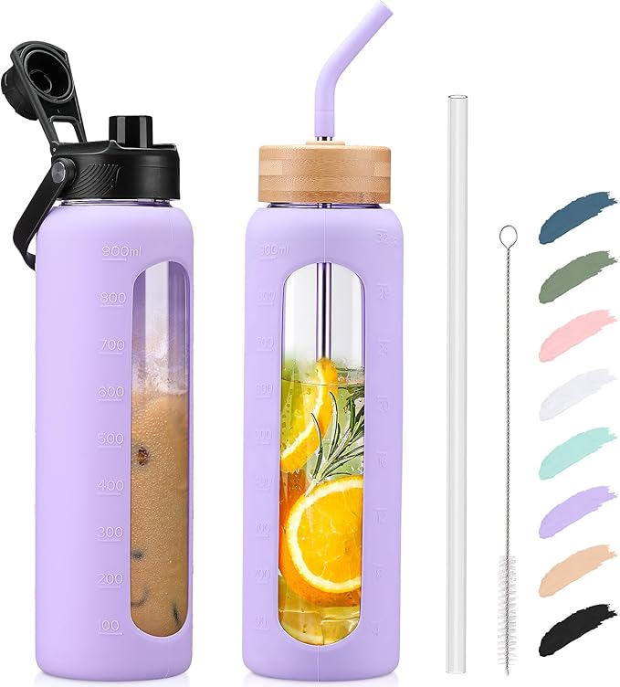 Kodrine Water Bottle with Straw, 24 oz Glass water Bottle with 2 Lids Bamboo Straw Lid and Spout Lid with Handle, 32 oz Clear Water Bottle Glass for Sports Travel, Waterbottle with Time Marker