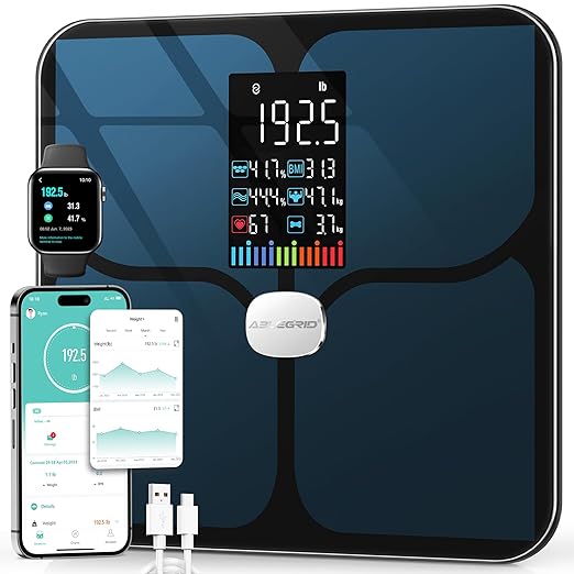 ABLEGRID Body Fat Scale,Digital Smart Bathroom Scale for Body Weight, Large Color Display Screen, 16 Body Composition Metrics BMI, Water Weigh, Heart Rate, Baby Mode, 400lb, Rechargeable