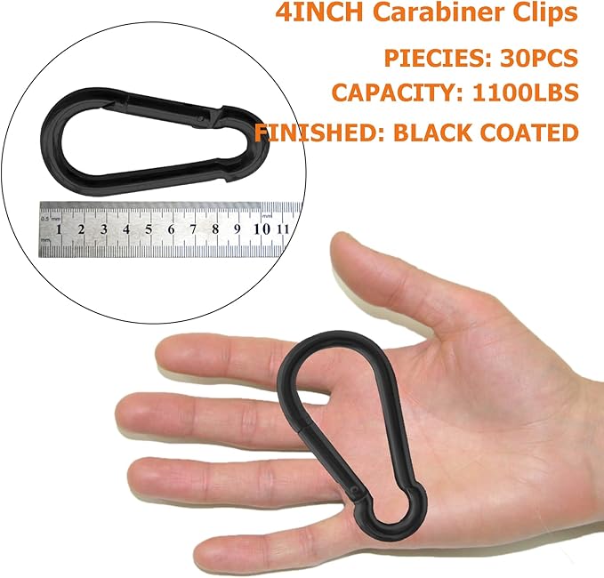 30Pack Carabiner Clips Heavy Duty, 4” Large Spring Snap Hooks Bulk, Galvanized Black 3/8” Carabiners for Camping, Solid Spring Clips for Home Gym Hanging Hammocks Swing Hiking-1100lbs Holding Capacity