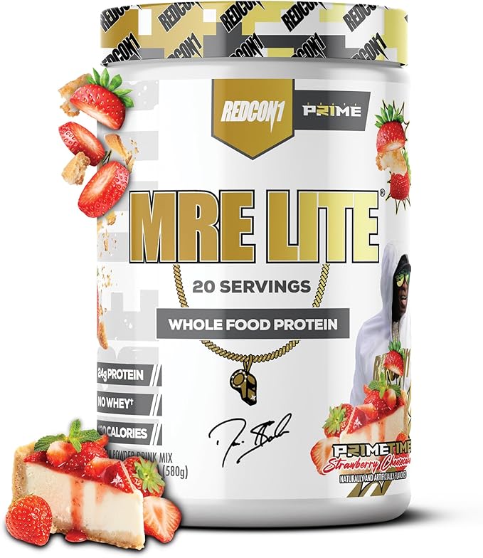REDCON1 Whole Food Animal Protein Powder - Coach Prime MRE Lite Protein Powder - Low Carb with No Whey - 24g Protein - Prime Time Strawberry Cheesecake (20 Servings)