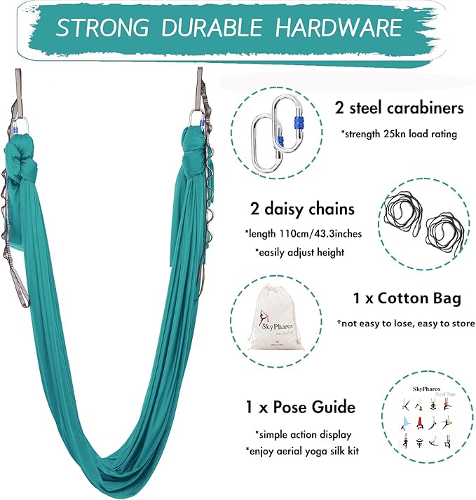 5.5 Yards Aerial Silks Yoga Swing Set - Aerial Yoga Hammock Kit Anti-Gravity Flying for Fitness, Low/Non Stretch Nylon Tricot Fabric Hardware Included for Dance