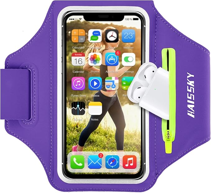 HAISSKY Cell Phone Running Armband with Airpods Zipper Pocket Armband Case Running Holder for iPhone 16/15/ 14/13 / 12 /11Pro Max,Galaxy S20 S10,Sweatproof Arm Band with Card/Key Bag