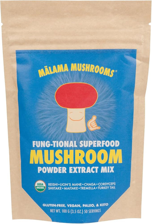 8-Mushroom Extract Powder by Malama, Organic Body Mushroom Blend Featuring Lion's Mane, Reishi, Cordyceps, Chaga, Turkey Tail, Superfood Adaptogenic