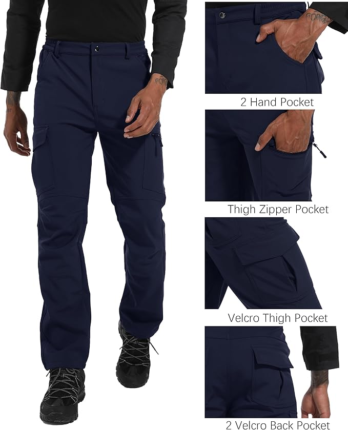 Men's Snow Ski Hiking Pants Winter Fleece Lined Softshell Outdoor Waterproof Insulated Cargo Work Pants