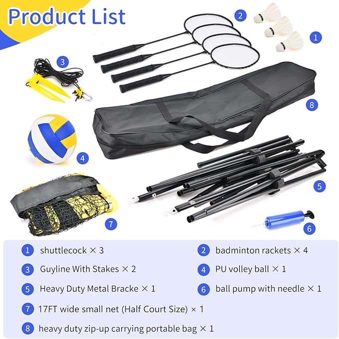 Badminton Pickleball Net, Adjustable Height Portable Badminton Net-2-in-1 Volleyball and Badminton Set, Pickleball Net for Tennis Indoor Outdoor Court