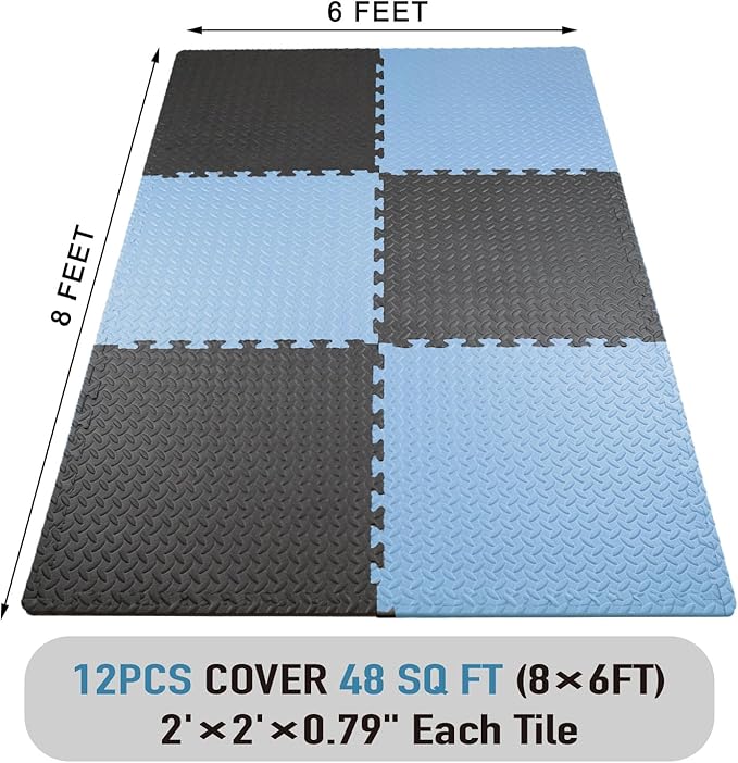 AIRHOP Upgraded 0.79" Extra Thick 48 Sq Ft High-Density Eva Foam Exercise Gym Mats, 12 Pcs Large Interlocking Puzzle Floor Tiles (24"x24") for Home Gym, Black&Blue