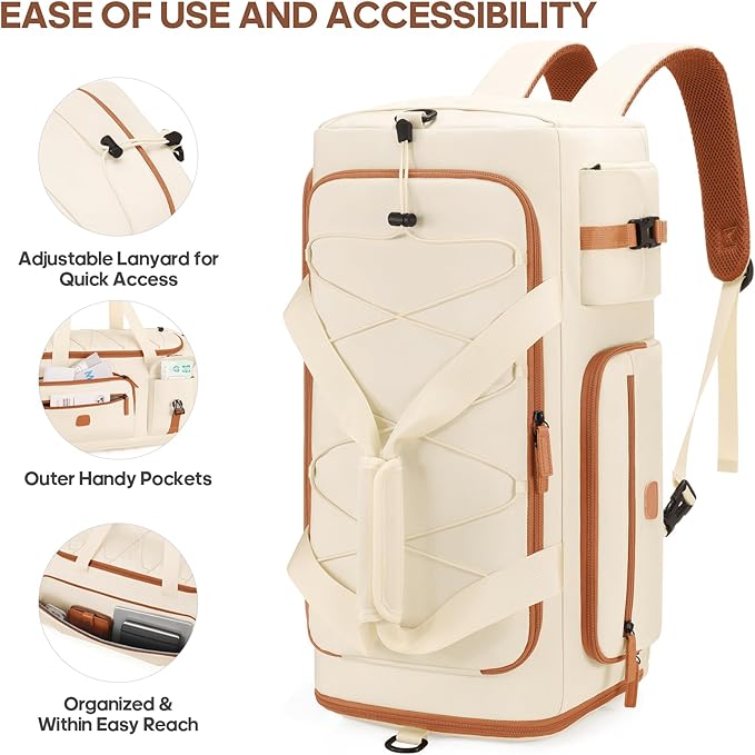 Gym Bag for Men and Women with Shoe & Laptop Compartment, 3-in-1 Sports Travel Duffel Bag Anti-Theft Weekender Carry-On Backpack for Airplane & Workout, Overnight Travel Bag,35L (Beige, Medium)