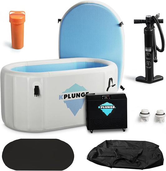 Kodiak 59" 1-Person Inflatable Cold Plunge Ice Bath or Hot Tub with 3/4 HP Chiller and Heater, PVC Insulated Lid, Hand Pump, Repair Kit, 110-Gallon Capacity, Indoor/Outdoor Tub – Gray