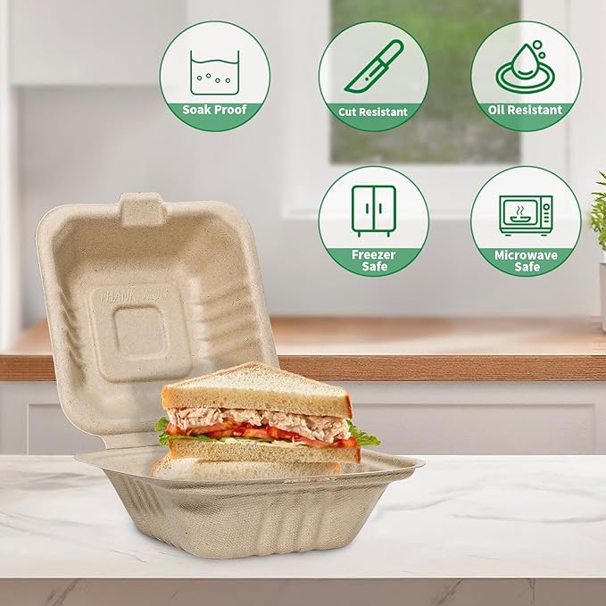 Aricsen Compostable 100 Pack 6x6 Inch Disposable Square Small Lunch Box Takeout Containers with Lid To Go Take Out Clamshell for Food, Eco-Friendly Biodegradable Bagasse, PFAS-Free, Unbleached Brown